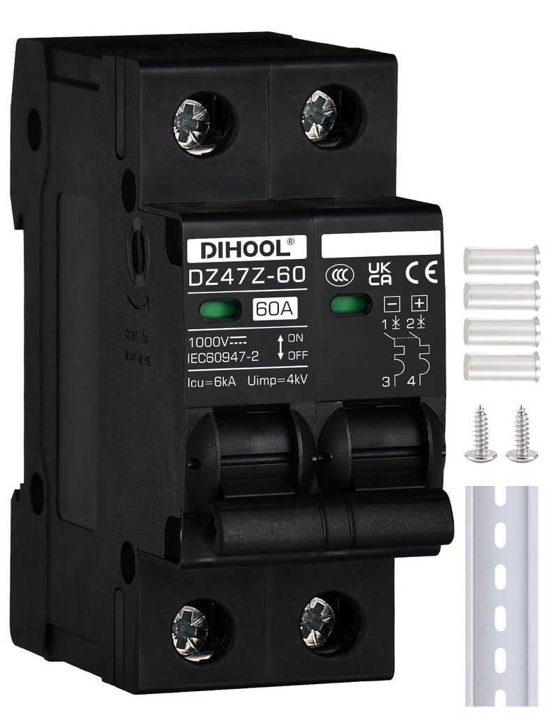 DIHOOL قاطع دائرة تيار مستمر 60 أمبير مثبت على سكة DIN مفتاح فصل الطاقة 2P 1000V - Image 1